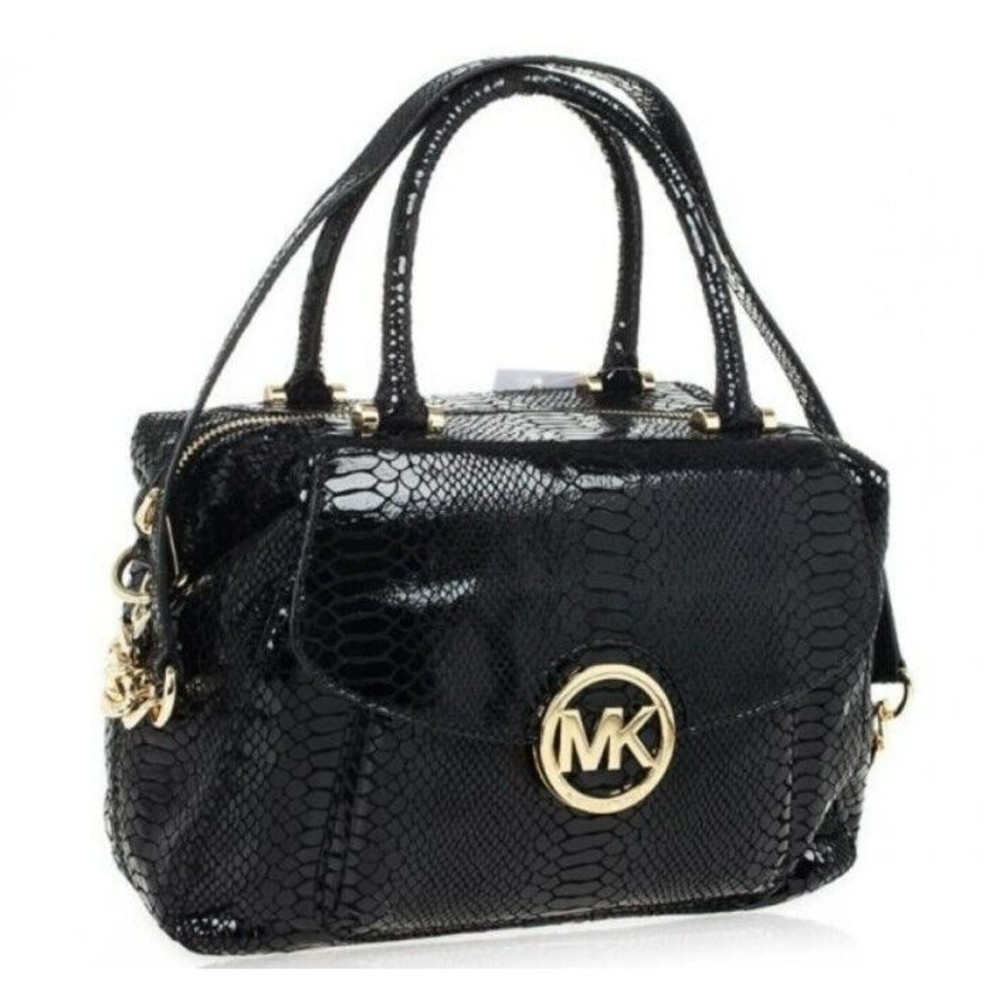 Michael Kors Black Snakeskin Print Leather Satchel Crossbody Silver Chain Strap
